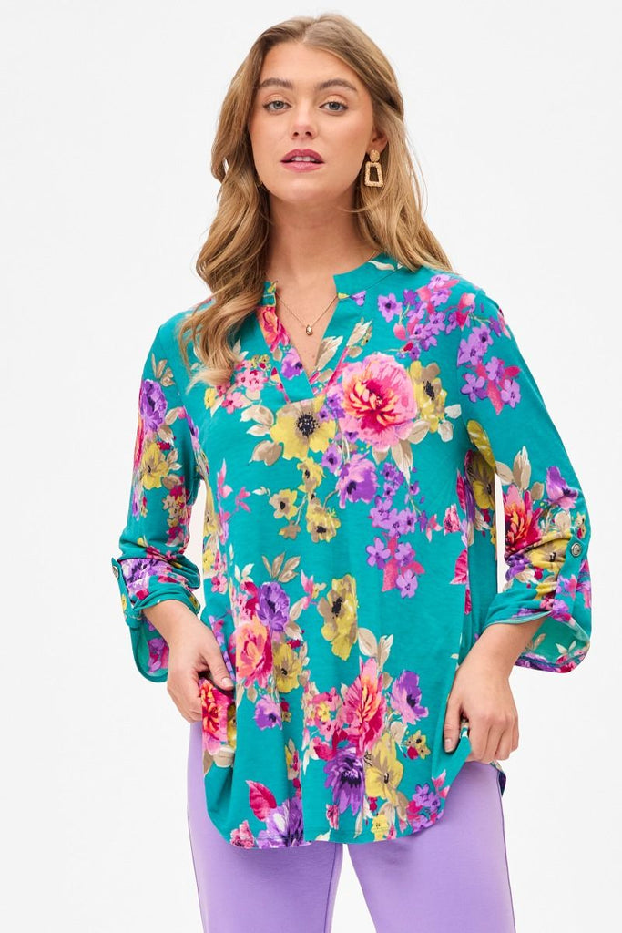 Lizzy Teal Floral Blouse-Blouse-Dear Scarlett-Three Birdies Boutique, Women's Fashion Boutique Located in Kearney, MO