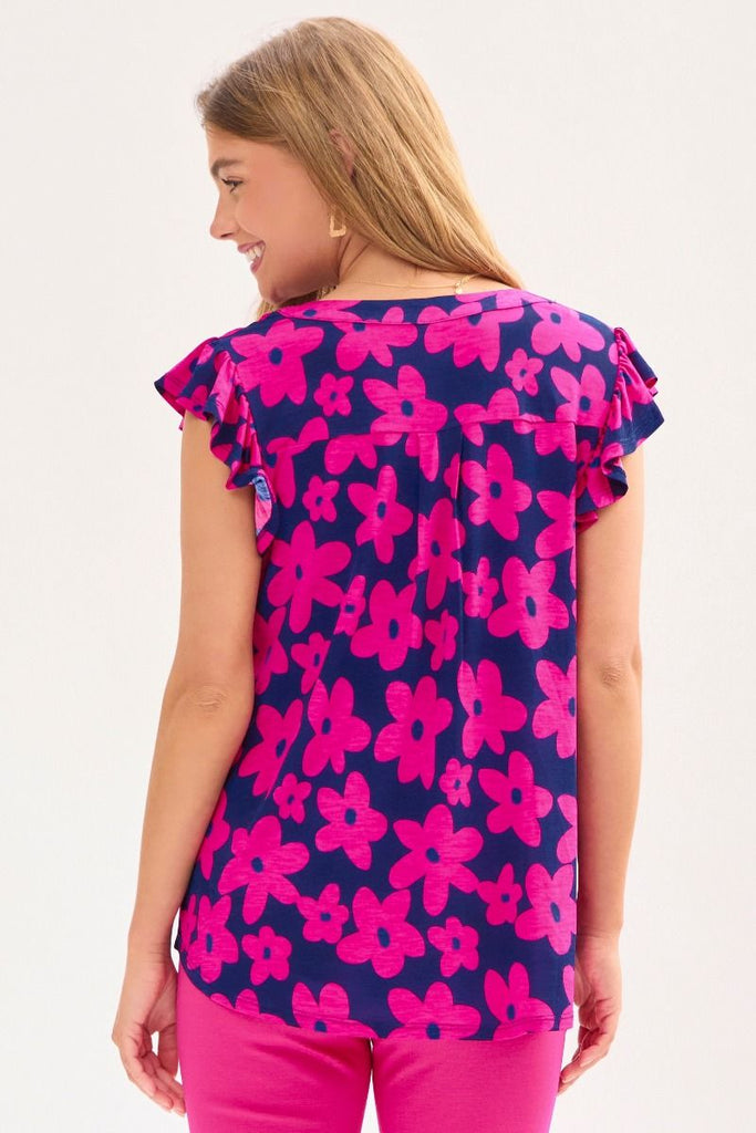 Navy Flower Flutter Sleeve Top-Blouse-Dear Scarlett-Three Birdies Boutique, Women's Fashion Boutique Located in Kearney, MO