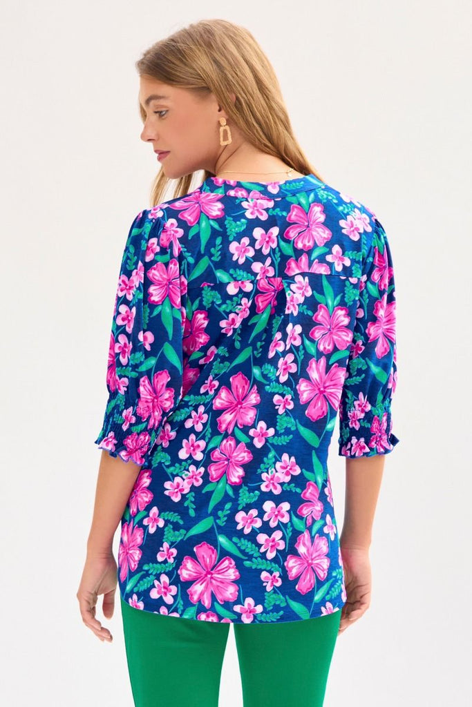 Navy Floral Smocked 1/2 Sleeve Top-Shirts & Tops-Dear Scarlett-Three Birdies Boutique, Women's Fashion Boutique Located in Kearney, MO