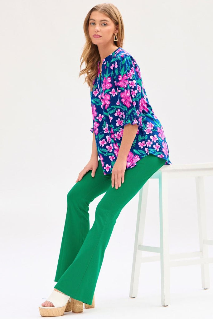 Navy Floral Smocked 1/2 Sleeve Top-Shirts & Tops-Dear Scarlett-Three Birdies Boutique, Women's Fashion Boutique Located in Kearney, MO