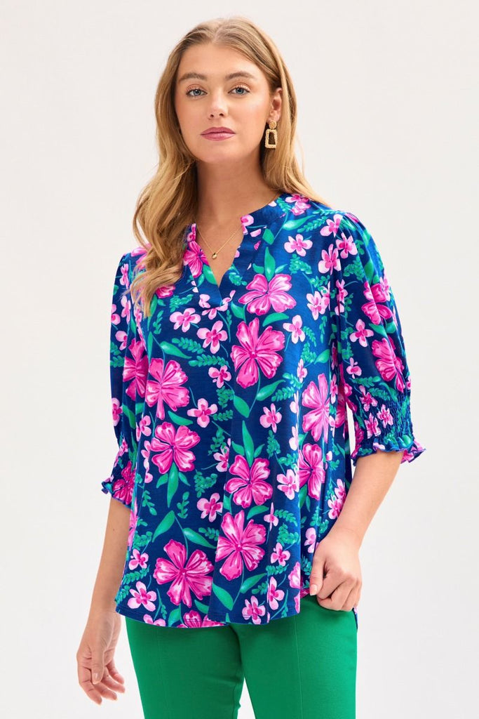Navy Floral Smocked 1/2 Sleeve Top-Shirts & Tops-Dear Scarlett-Three Birdies Boutique, Women's Fashion Boutique Located in Kearney, MO