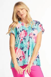 Blue & Pink Floral Short Sleeve Top-Shirts & Tops-Dear Scarlett-Three Birdies Boutique, Women's Fashion Boutique Located in Kearney, MO