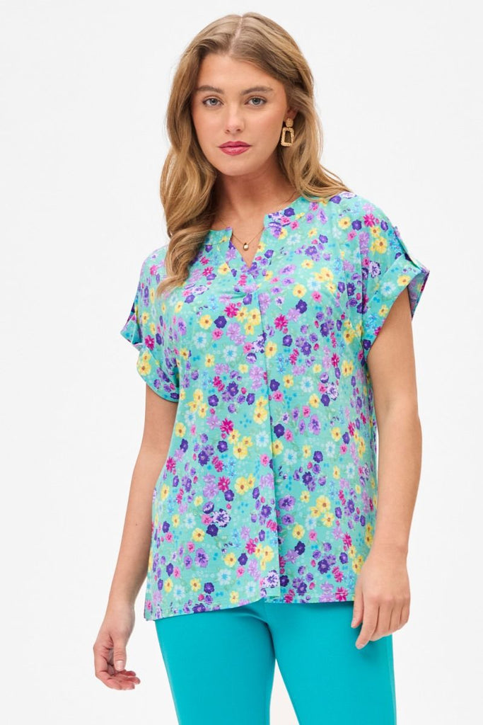 Blue Floral Short Sleeve Top-Blouse-Dear Scarlett-Three Birdies Boutique, Women's Fashion Boutique Located in Kearney, MO