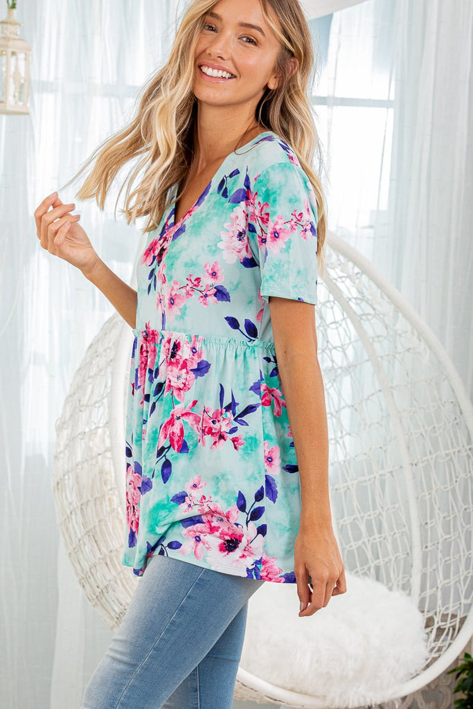 Heimish V-Neck Mint Floral Top-Blouse-HEIMISH-Three Birdies Boutique, Women's Fashion Boutique Located in Kearney, MO
