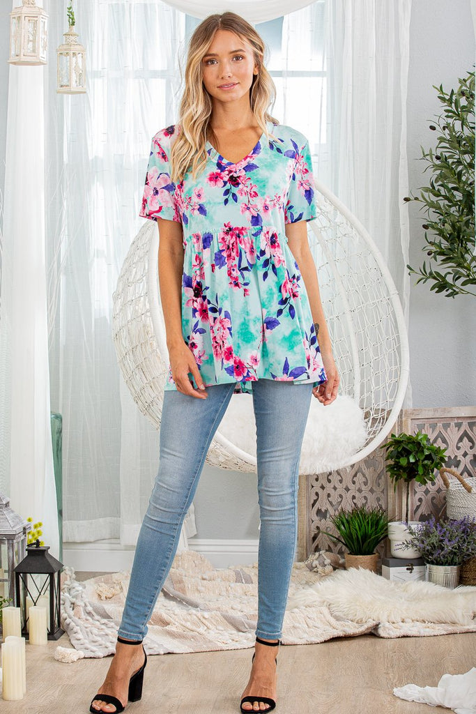 Heimish V-Neck Mint Floral Top-Blouse-HEIMISH-Three Birdies Boutique, Women's Fashion Boutique Located in Kearney, MO