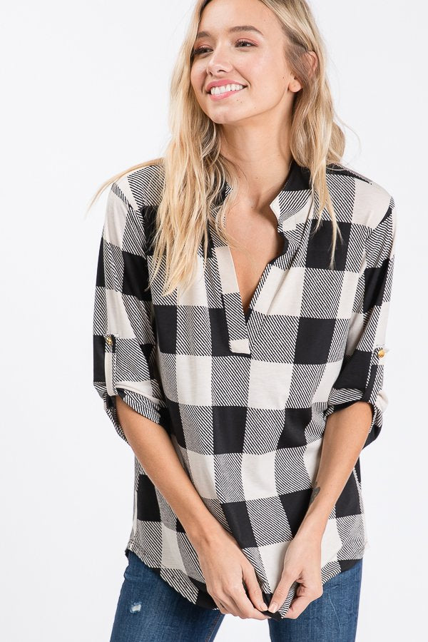 Plaid 3/4 Sleeve Blouse Black/Ivory { product_type }}