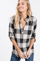 Plaid 3/4 Sleeve Blouse Black/Ivory { product_type }}