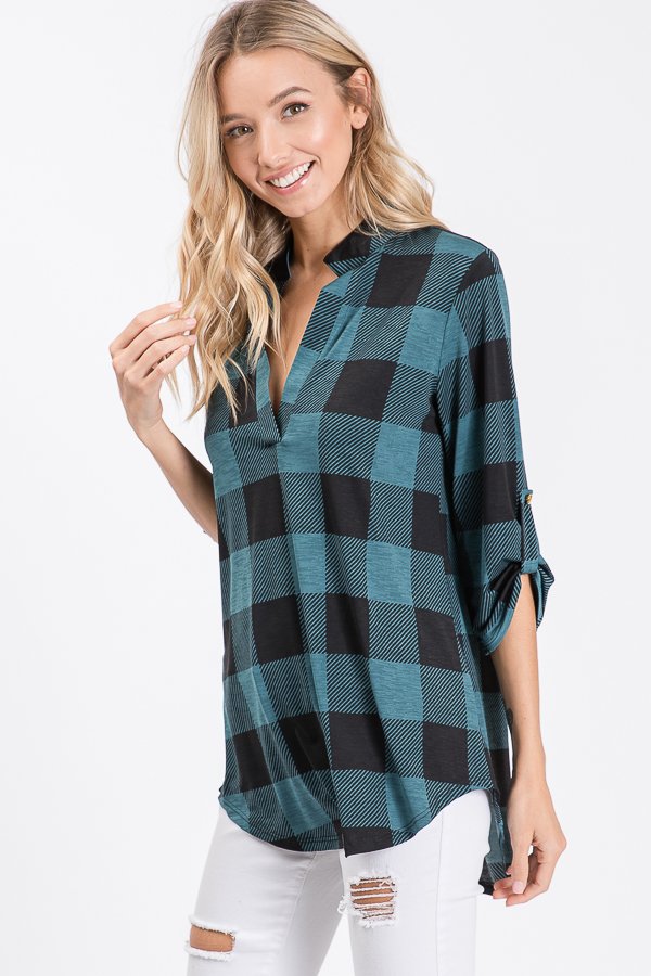 Plaid 3/4 Sleeve Blouse Black/Teal { product_type }}