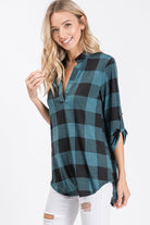 Plaid 3/4 Sleeve Blouse Black/Teal { product_type }}