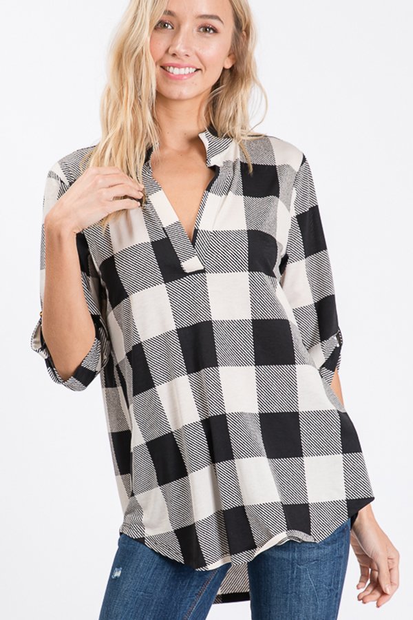 Plaid 3/4 Sleeve Blouse Black/Ivory { product_type }}