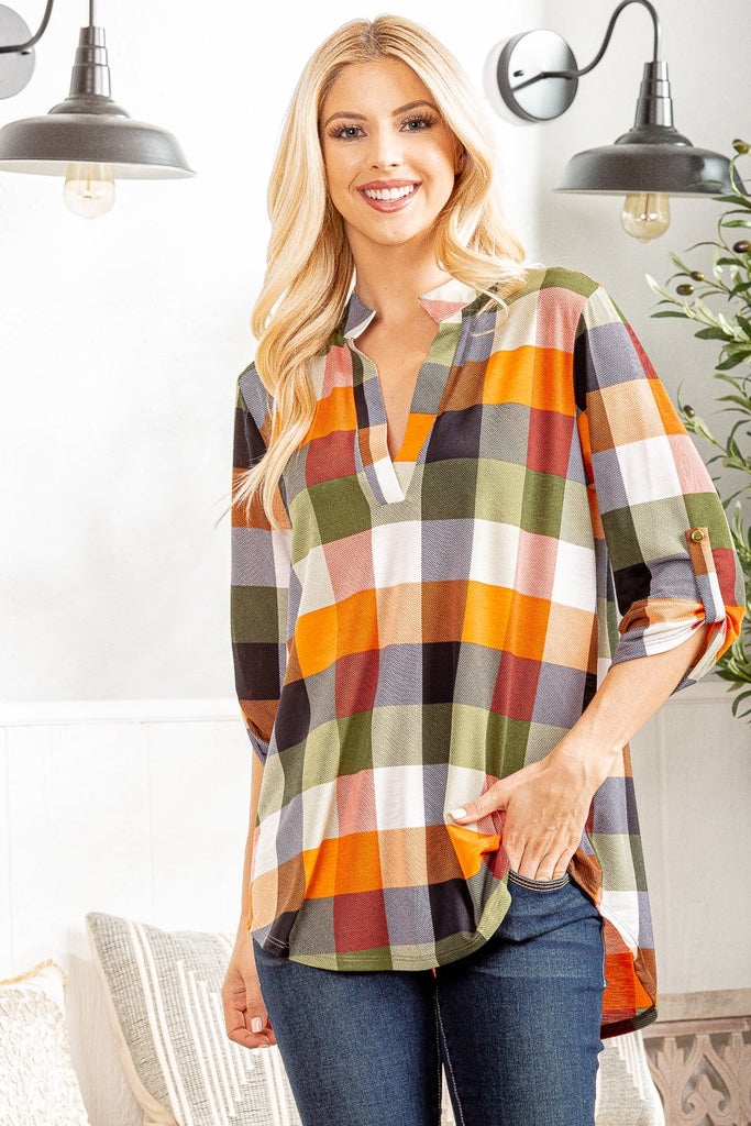 Plaid 3/4 Sleeve Blouse-Shirts & Tops-Heimish-Three Birdies Boutique, Women's Fashion Boutique Located in Kearney, MO