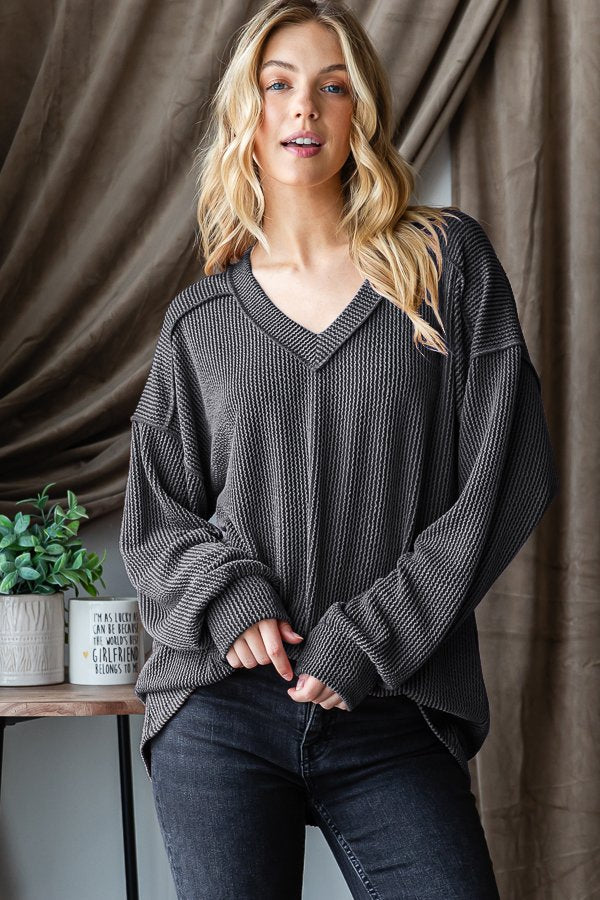 Puff Sleeve Ribbed Top Charcoal-Shirts & Tops-Heimish-Three Birdies Boutique, Women's Fashion Boutique Located in Kearney, MO