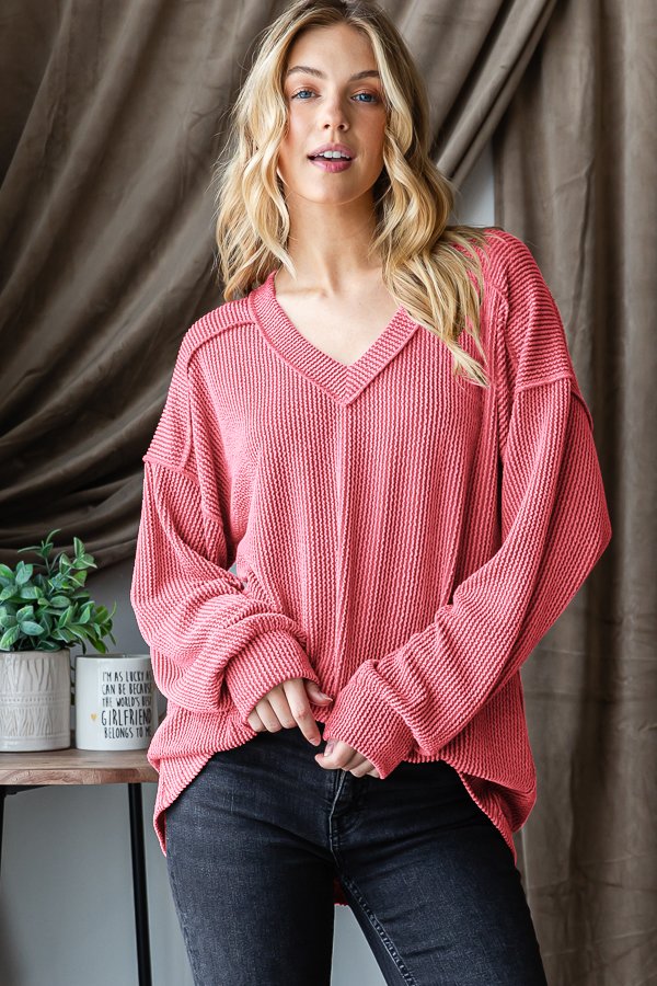 Puff Sleeve Ribbed Top Coral-Shirts & Tops-Heimish-Three Birdies Boutique, Women's Fashion Boutique Located in Kearney, MO