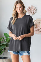 Folded Sleeve Ribbed Top { product_type }}