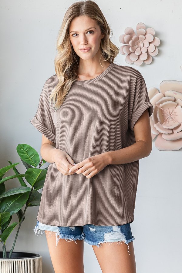 Folded Sleeve Ribbed Top { product_type }}