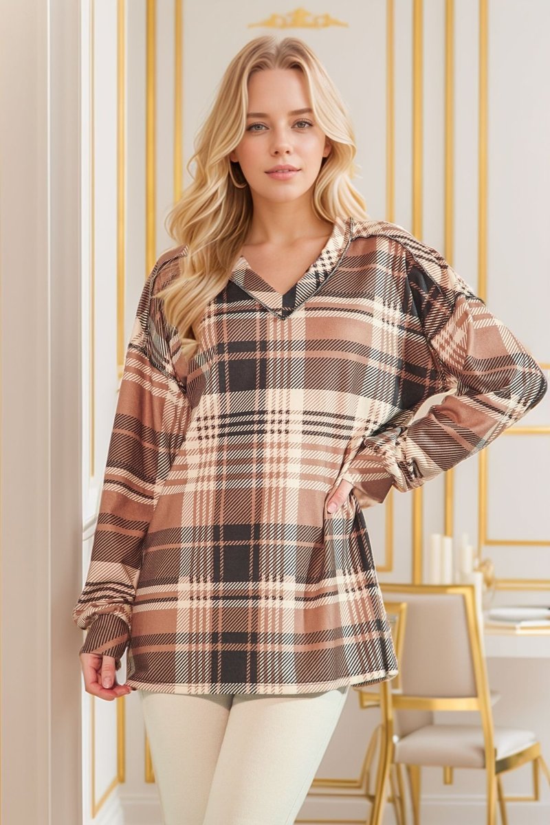 Brown Plaid Long Sleeve-Shirts & Tops-Heimish-Three Birdies Boutique, Women's Fashion Boutique Located in Kearney, MO