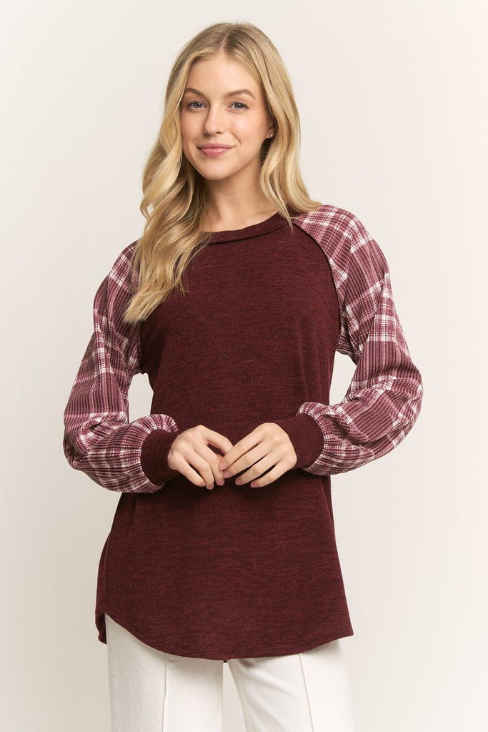 Plaid Sleeve Top-Shirts & Tops-Heimish-Three Birdies Boutique, Women's Fashion Boutique Located in Kearney, MO