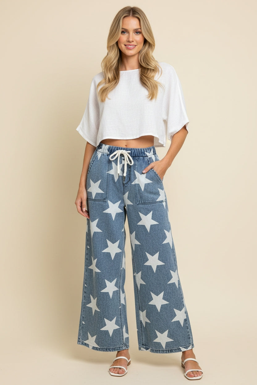 Blue Star Print Wide Leg Denim Pants { product_type }}