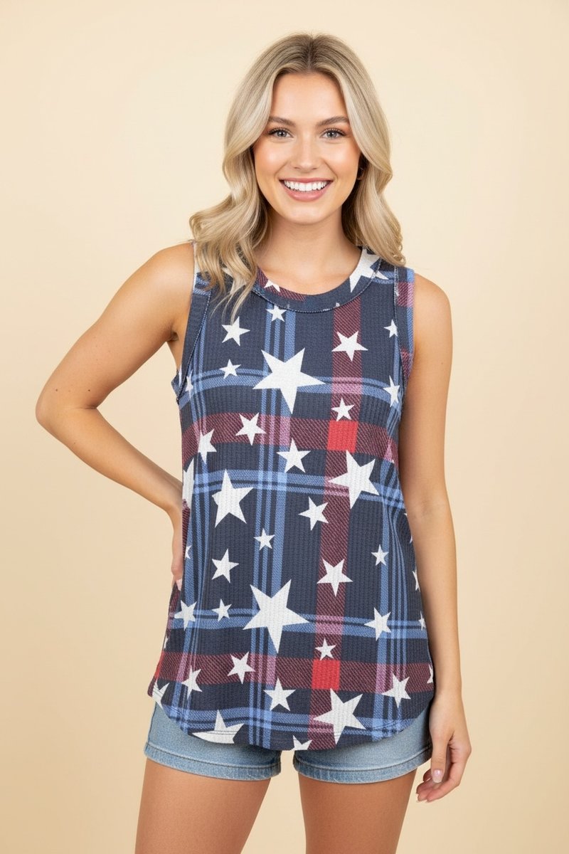 Plaid Stars Tank Top-Shirts & Tops-Heimish-Three Birdies Boutique, Women's Fashion Boutique Located in Kearney, MO