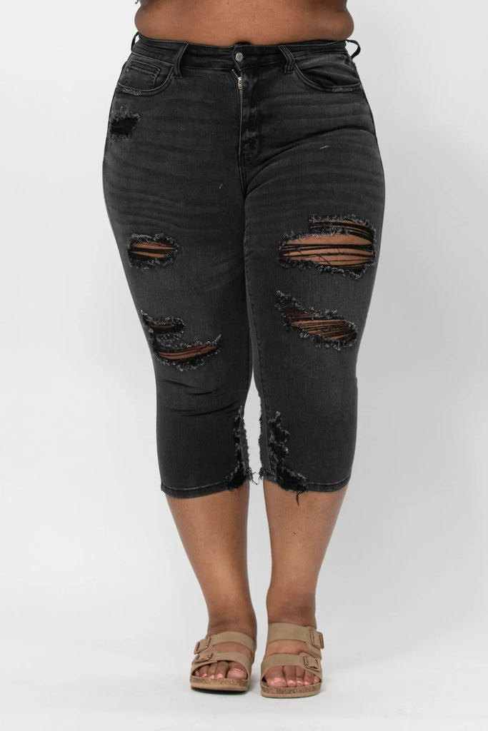 Judy Blue Black Distressed Skinny Capri-Denim-Judy Blue-Three Birdies Boutique, Women's Fashion Boutique Located in Kearney, MO