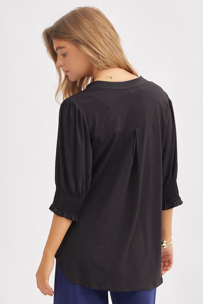 Solid Smocked 3/4 Sleeve Top-Shirts & Tops-Dear Scarlett-Three Birdies Boutique, Women's Fashion Boutique Located in Kearney, MO