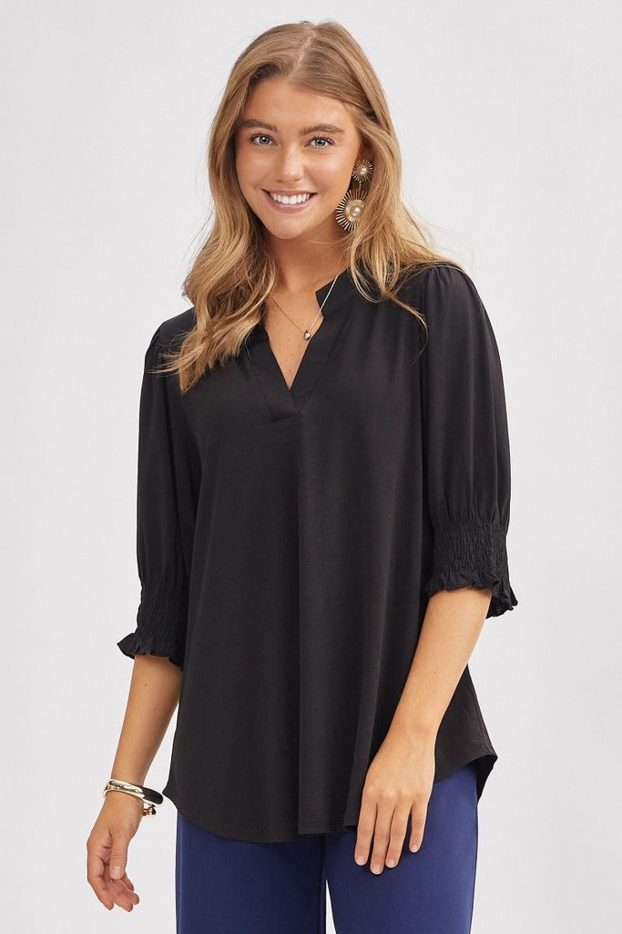 Solid Smocked 3/4 Sleeve Top-Shirts & Tops-Dear Scarlett-Three Birdies Boutique, Women's Fashion Boutique Located in Kearney, MO