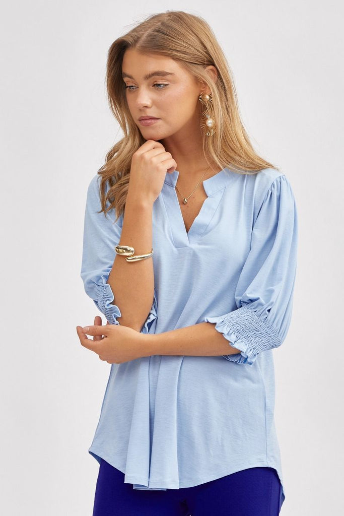 Solid Smocked 3/4 Sleeve Top-Shirts & Tops-Dear Scarlett-Three Birdies Boutique, Women's Fashion Boutique Located in Kearney, MO