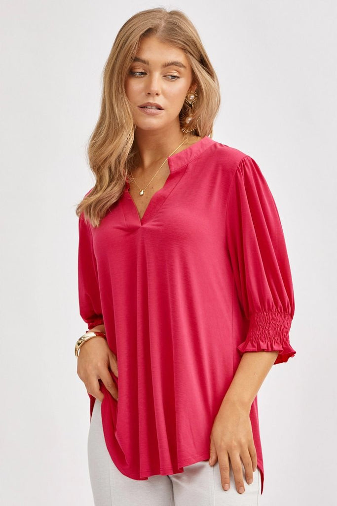 Solid Smocked 3/4 Sleeve Top-Shirts & Tops-Dear Scarlett-Three Birdies Boutique, Women's Fashion Boutique Located in Kearney, MO