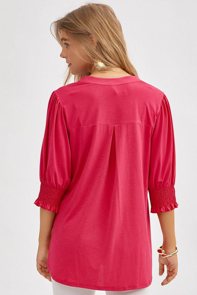 Solid Smocked 3/4 Sleeve Top-Shirts & Tops-Dear Scarlett-Three Birdies Boutique, Women's Fashion Boutique Located in Kearney, MO