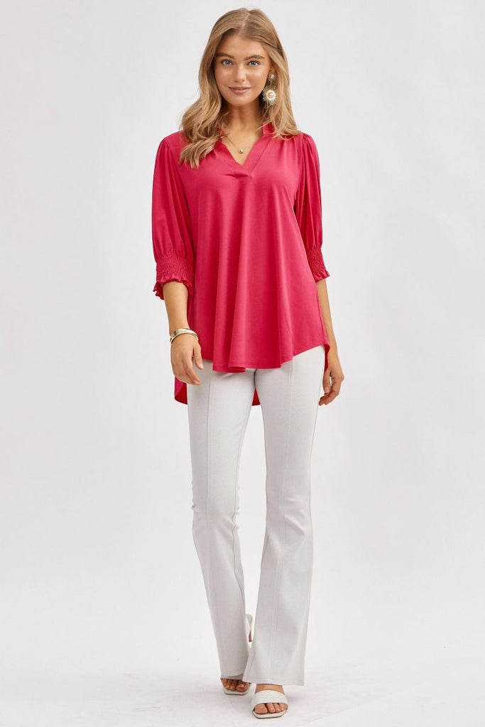 Solid Smocked 3/4 Sleeve Top-Shirts & Tops-Dear Scarlett-Three Birdies Boutique, Women's Fashion Boutique Located in Kearney, MO