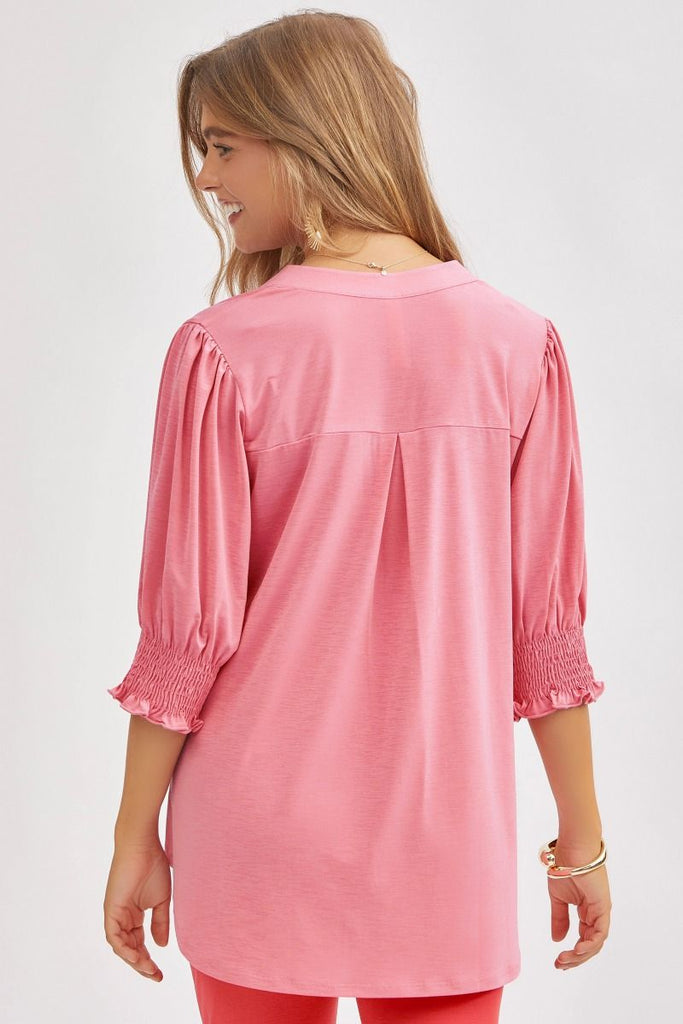 Solid Smocked 3/4 Sleeve Top-Shirts & Tops-Dear Scarlett-Three Birdies Boutique, Women's Fashion Boutique Located in Kearney, MO