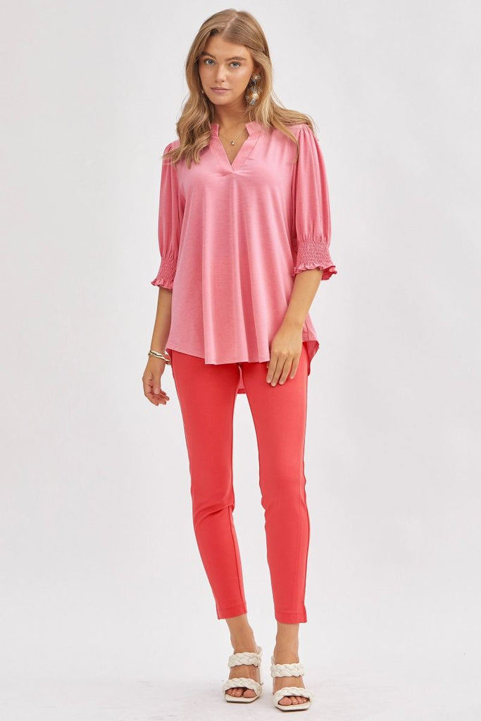 Solid Smocked 3/4 Sleeve Top-Shirts & Tops-Dear Scarlett-Three Birdies Boutique, Women's Fashion Boutique Located in Kearney, MO