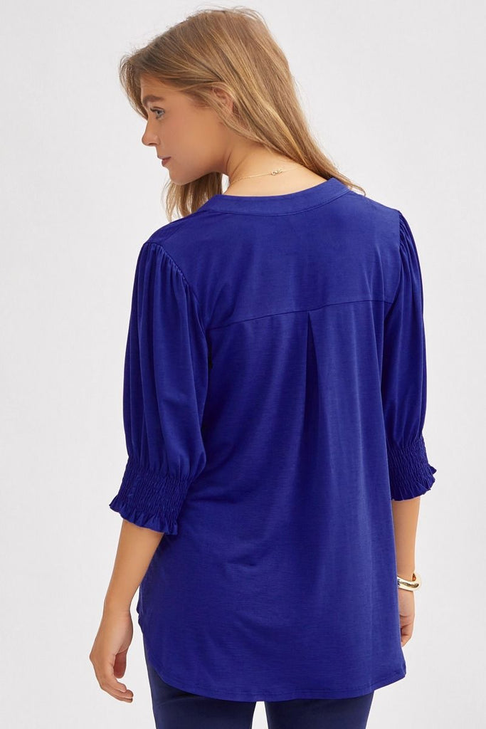 Solid Smocked 3/4 Sleeve Top-Shirts & Tops-Dear Scarlett-Three Birdies Boutique, Women's Fashion Boutique Located in Kearney, MO