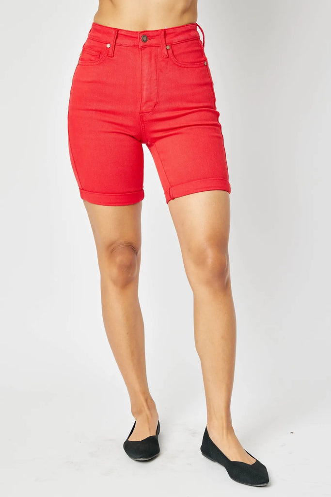 Judy Blue Tummy Control Bermuda Shorts Red-Shorts-Judy Blue-Three Birdies Boutique, Women's Fashion Boutique Located in Kearney, MO
