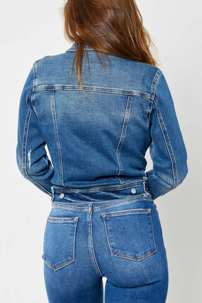 Judy Blue Classic Destroy Denim Jacket-Denim Jacket-Judy Blue-Three Birdies Boutique, Women's Fashion Boutique Located in Kearney, MO