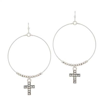 Silver Open Circle with Rhinestone Cross 2" Earring-Accessories-What's Hot-Three Birdies Boutique, Women's Fashion Boutique Located in Kearney, MO
