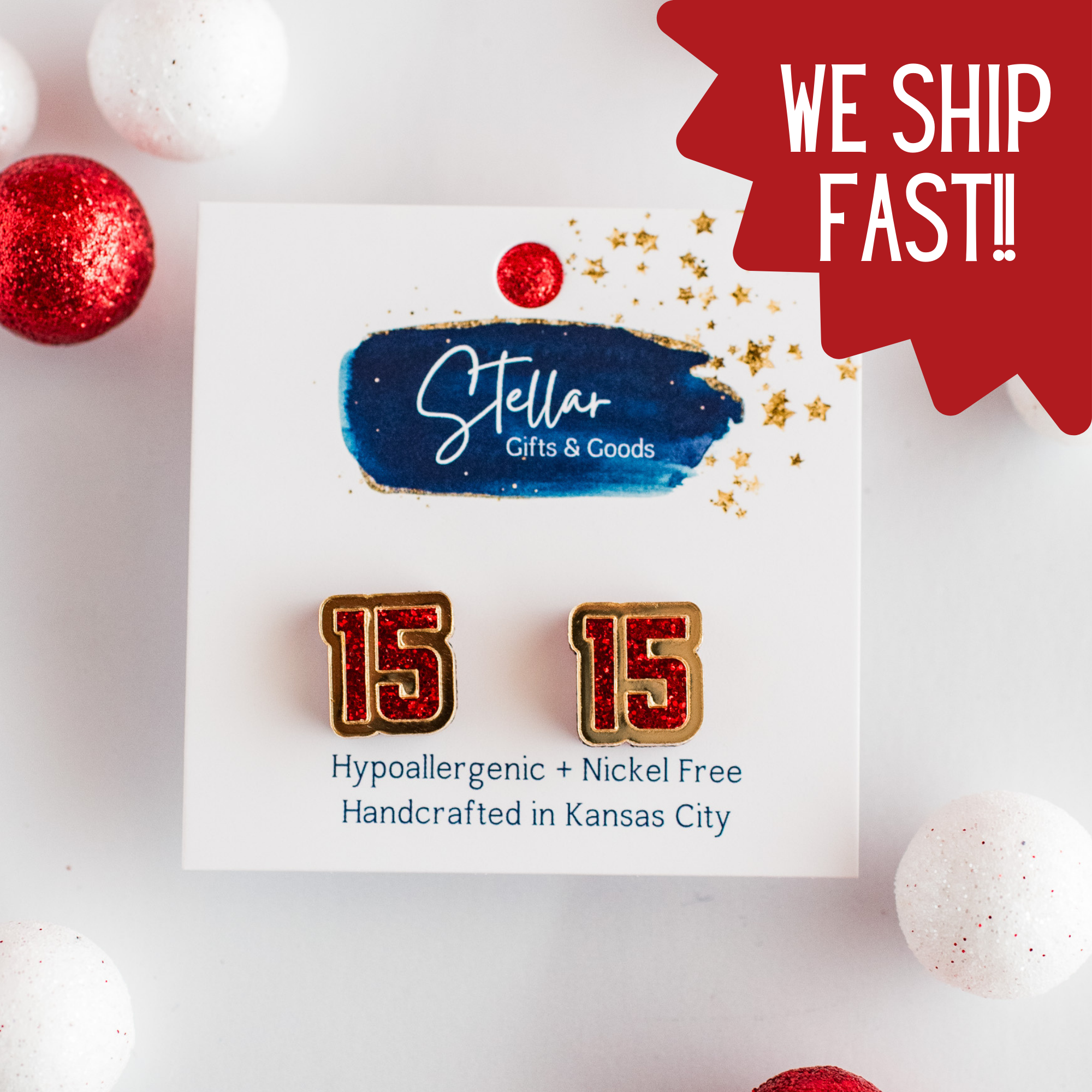 Red Glitter & Gold Mirror 15 Studs KC Football Mahomes { product_type }}
