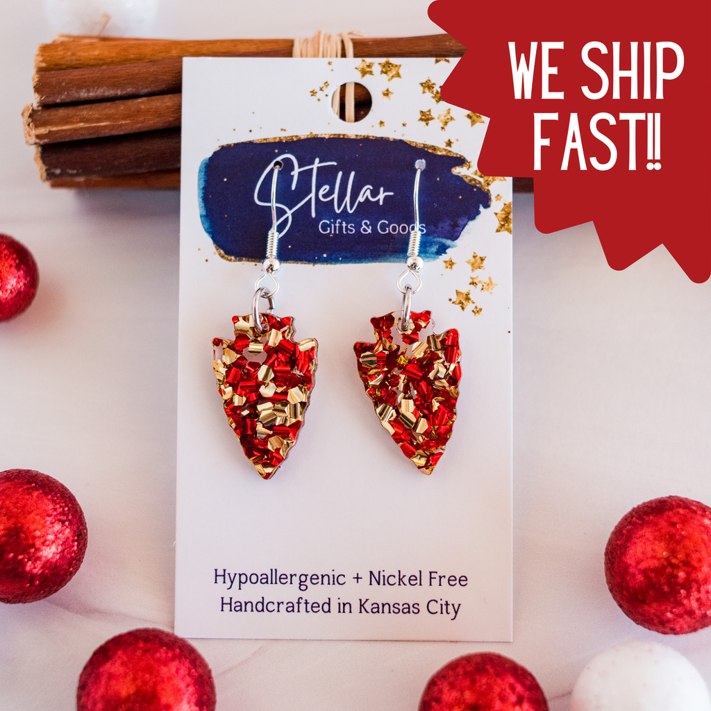 Kansas City Chiefs Petite Chunky Glitter Arrowhead Dangles-Jewelry-Stellar Gifts & Goods Wholesale-Three Birdies Boutique, Women's Fashion Boutique Located in Kearney, MO