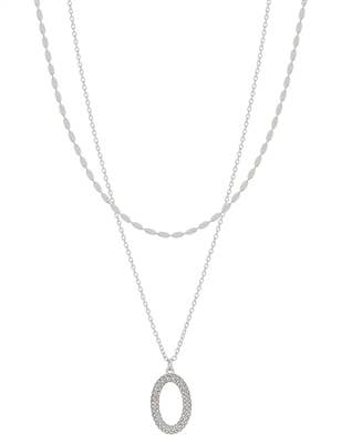 Double Layered Silver Chain with Pave Open Oval Necklace-Accessories-What's Hot-Three Birdies Boutique, Women's Fashion Boutique Located in Kearney, MO