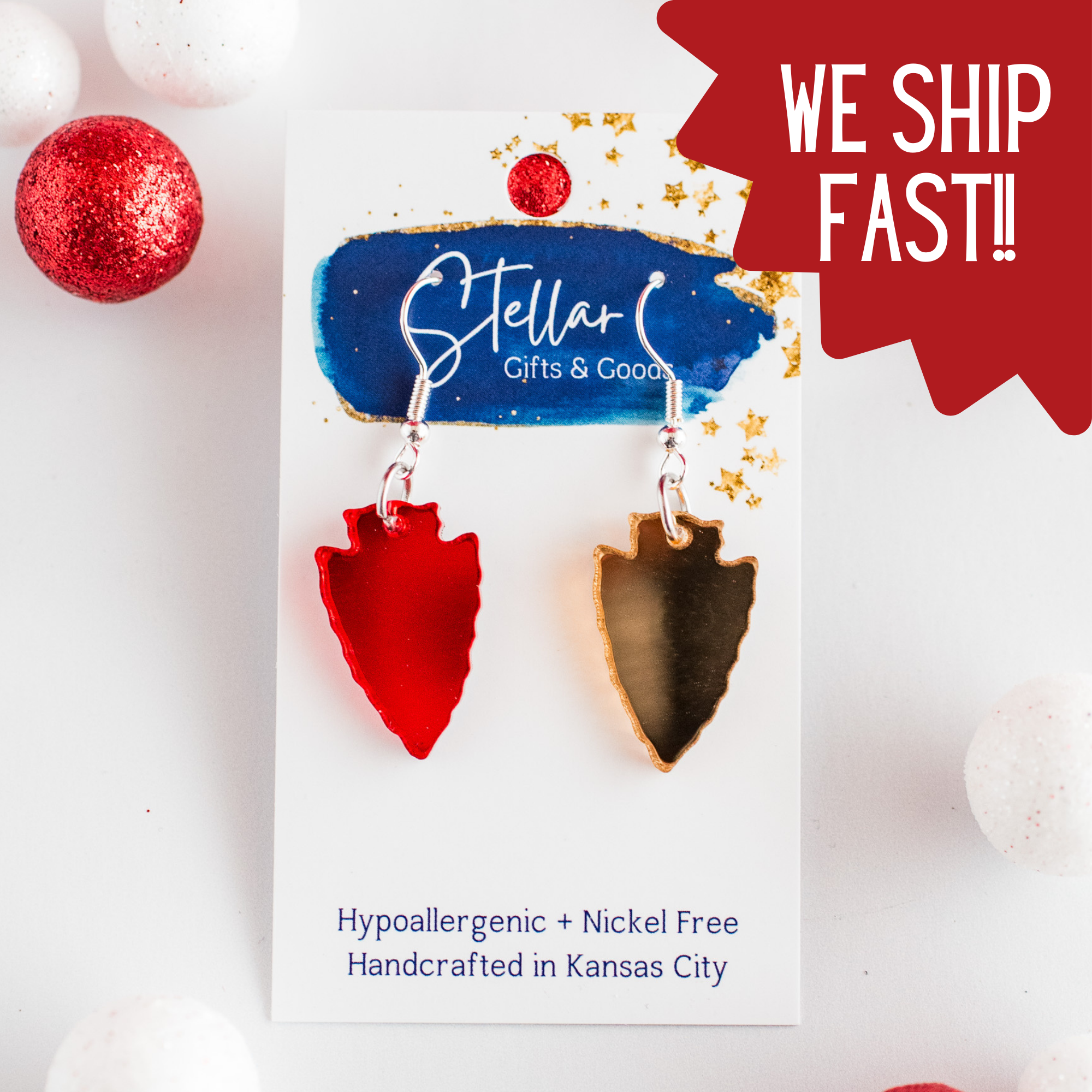 Petite Red & Gold Mirror Arrowhead Dangles KC football { product_type }}