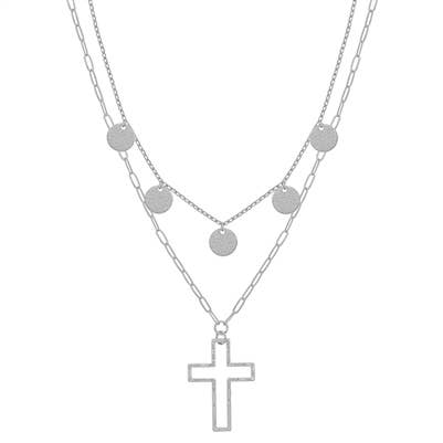 Silver Coin Layered with Open Cross 16"-18" Necklace-Accessories-What's Hot-Three Birdies Boutique, Women's Fashion Boutique Located in Kearney, MO