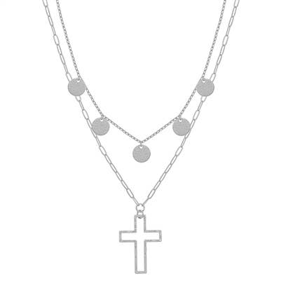 Silver Coin Layered with Open Cross 16"-18" Necklace-Accessories-What's Hot-Three Birdies Boutique, Women's Fashion Boutique Located in Kearney, MO