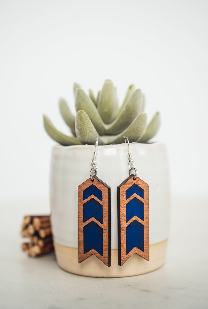 Cobalt Chevron Wood Dangles-Earrings-Hello Happiness-Three Birdies Boutique, Women's Fashion Boutique Located in Kearney, MO