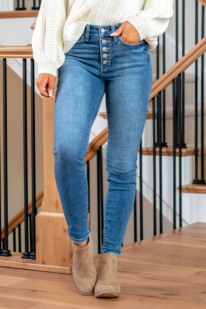 Judy Blue Button Fly Skinny-Denim-Judy Blue-Three Birdies Boutique, Women's Fashion Boutique Located in Kearney, MO