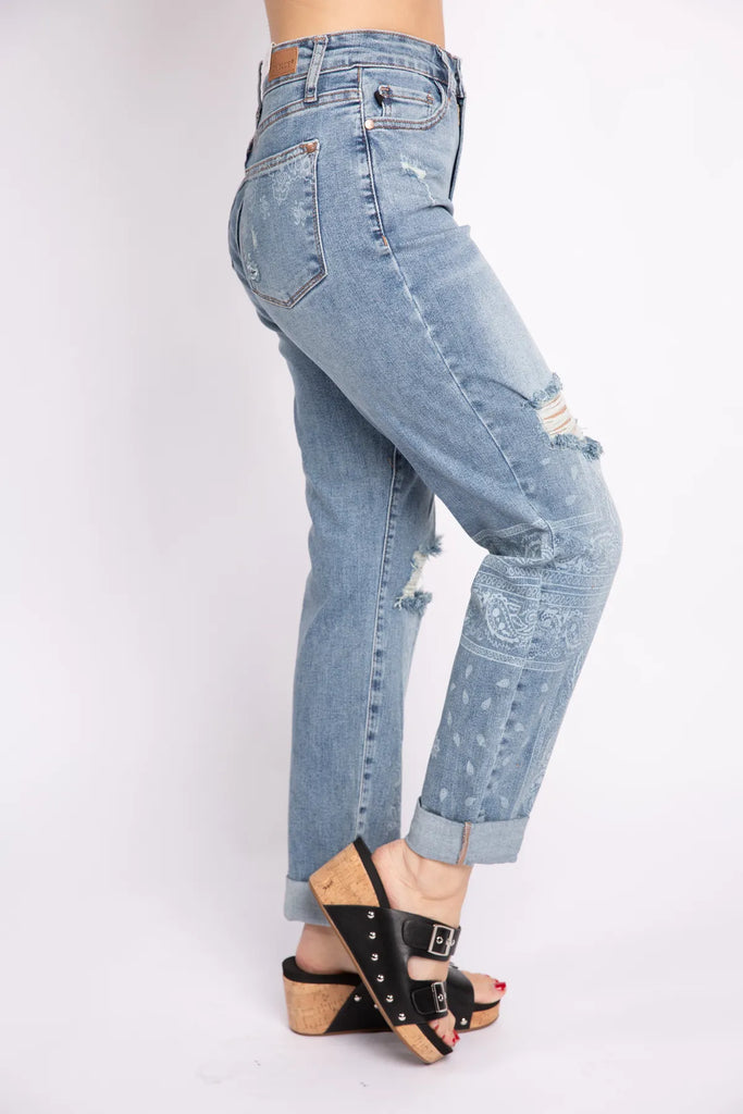Judy Blue Paisley Print Boyfriend Jeans-Denim-Judy Blue-Three Birdies Boutique, Women's Fashion Boutique Located in Kearney, MO