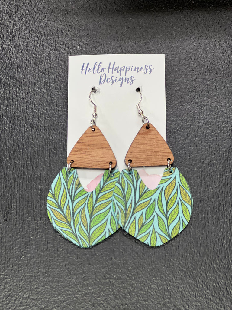 Garden Vibes Leather & Wood Dangles-Earrings-Hello Happiness-Three Birdies Boutique, Women's Fashion Boutique Located in Kearney, MO