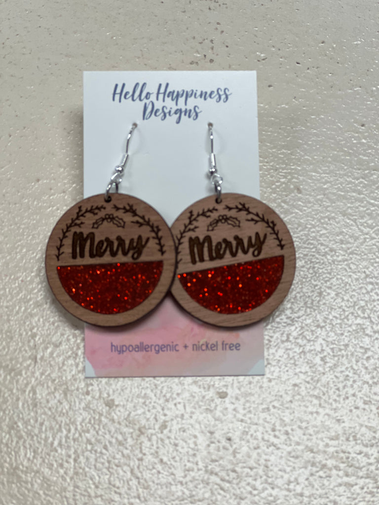 Merry Red Glitter Circle Dangles-Earrings-Hello Happiness-Three Birdies Boutique, Women's Fashion Boutique Located in Kearney, MO