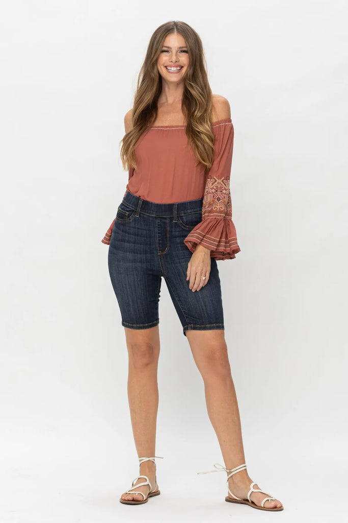 Judy Blue Pull On Biker Shorts-Denim Shorts-Judy Blue-Three Birdies Boutique, Women's Fashion Boutique Located in Kearney, MO