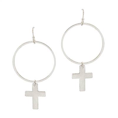 Matte Silver Hoop with Cross Accent 2" Earring-Accessories-What's Hot-Three Birdies Boutique, Women's Fashion Boutique Located in Kearney, MO