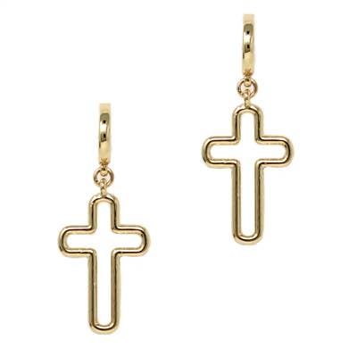 Gold Huggie Hoop with Open Gold Cross 1.25" Earring-Accessories-What's Hot-Three Birdies Boutique, Women's Fashion Boutique Located in Kearney, MO